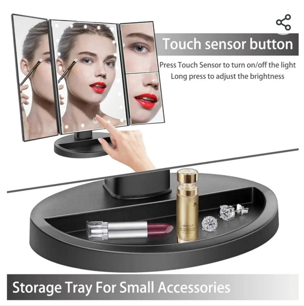 Tabletop Mount Trifold Lighted Vanity Mirror with LED Lights, Touch Screen, Etc